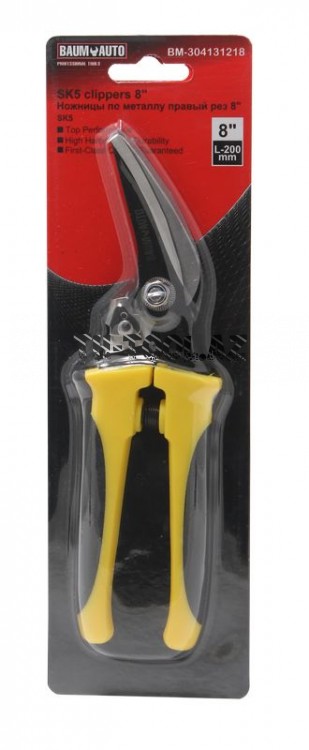 Ножницы для листового металла 0,8мм изогнутые, с верхней фиксацией и возвратной пружиной 8"-200мм в блистере_BaumAuto_BaumAuto